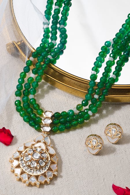 Shop Joules By Radhika Green Stones, Beads And Embellished Necklace Set at Aza Fashions Shop_Joules By Radhika_Green Stones, Beads And Embellished Necklace Set _at_Aza_Fashions