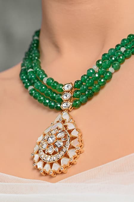Joules By Radhika Green Stones, Beads And Embellished Necklace Set Online at Aza Fashions Joules By Radhika_Green Stones, Beads And Embellished Necklace Set _Online_at_Aza_Fashions