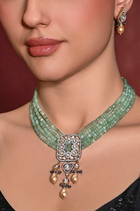 Joules by Radhika_Green Stones, Pearls Bead And Embellished Pendant Necklace Set_Online_at_Aza_Fashions