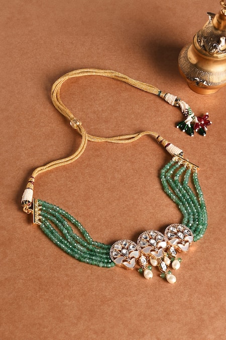 Shop Joules By Radhika Green Stones, Beads Kundan Embellished Multi Strand Necklace Set at Aza Fashions Shop_Joules By Radhika_Green Stones, Beads Kundan Embellished Multi Strand Necklace Set _at_Aza_Fashions