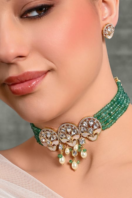 Joules By Radhika Green Stones, Beads Kundan Embellished Multi Strand Necklace Set Online at Aza Fashions Joules By Radhika_Green Stones, Beads Kundan Embellished Multi Strand Necklace Set _Online_at_Aza_Fashions