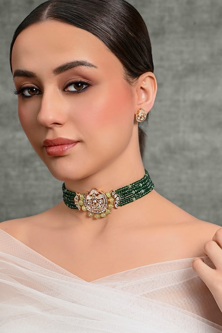 Joules by Radhika Green Bead Stone And Embellished Choker Necklace Set 