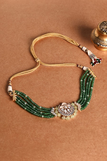 Shop Joules By Radhika Green Stones, Beads And Embellished Choker Necklace Set at Aza Fashions Shop_Joules By Radhika_Green Stones, Beads And Embellished Choker Necklace Set _at_Aza_Fashions