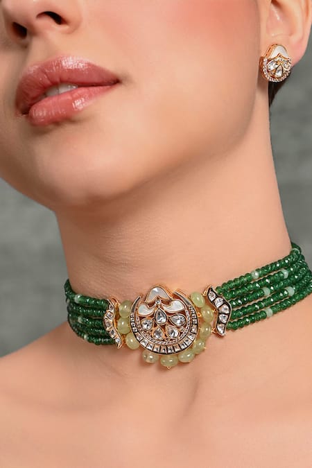 Joules By Radhika Green Stones, Beads And Embellished Choker Necklace Set Online at Aza Fashions Joules By Radhika_Green Stones, Beads And Embellished Choker Necklace Set _Online_at_Aza_Fashions