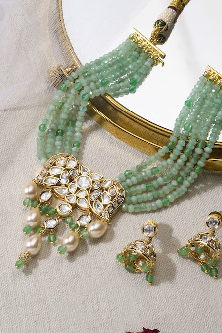Shop Joules By Radhika Green Stones, Beads Kundan Embellished Multi Strand Necklace Set at Aza Fashions Shop_Joules By Radhika_Green Stones, Beads Kundan Embellished Multi Strand Necklace Set _at_Aza_Fashions
