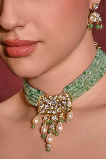 Joules By Radhika Green Stones, Beads Kundan Embellished Multi Strand Necklace Set Online at Aza Fashions Joules By Radhika_Green Stones, Beads Kundan Embellished Multi Strand Necklace Set _Online_at_Aza_Fashions