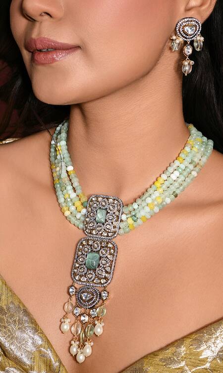 Joules By Radhika_Multi Color Stones, Beads Square Embellished Pendant Necklace Set_Online_at_Aza_Fashions