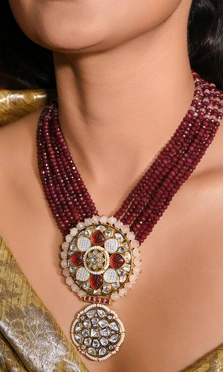 Joules By Radhika_Red Stones, Beads Floral And Embellished Pendant Necklace Set_Online_at_Aza_Fashions