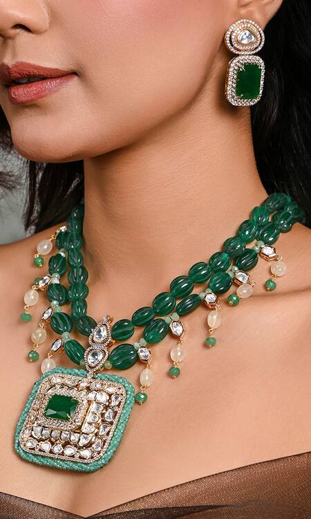Joules By Radhika_Green Stones, Beads Square Embellished Pendant Necklace Set_Online_at_Aza_Fashions
