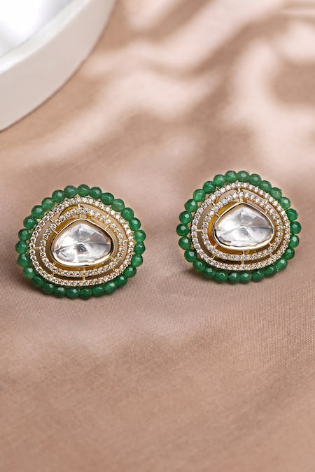 Shop Joules By Radhika Green Beads, Stones Luminescent Embellished Stud Earrings at Aza Fashions Shop_Joules By Radhika_Green Beads, Stones Luminescent Embellished Stud Earrings _at_Aza_Fashions
