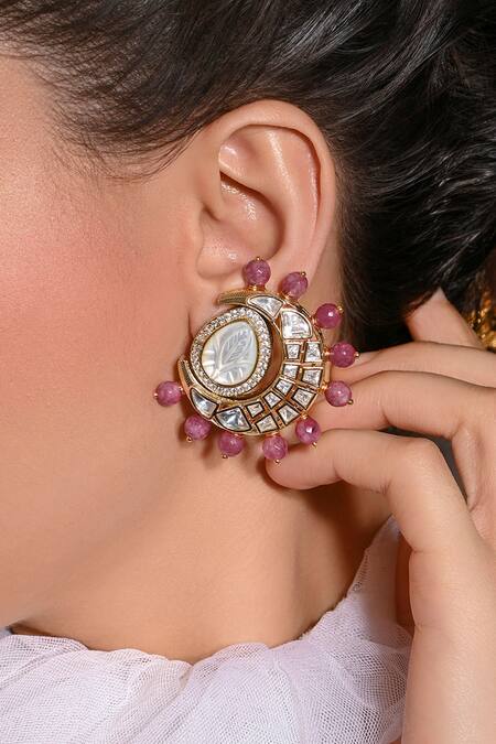 Joules By Radhika_Red Beads, Stones Blingy Embellished Chandbali Stud Earrings_Online_at_Aza_Fashions