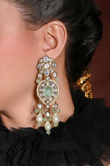 Joules By Radhika Green Beads, Stones, Zari Euphoric Embellished Dangler Earrings Online at Aza Fashions Joules By Radhika_Green Beads, Stones, Zari Euphoric Embellished Dangler Earrings_Online_at_Aza_Fashions
