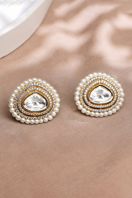 Shop Joules By Radhika White Beads, Stones Wondrous Embellished Stud Earrings at Aza Fashions Shop_Joules By Radhika_White Beads, Stones Wondrous Embellished Stud Earrings _at_Aza_Fashions