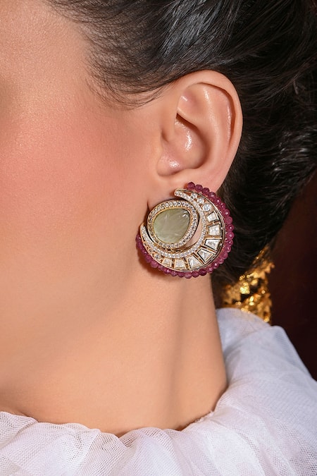 Joules By Radhika_Red Beads, Stones, Zari Radiant Embellished Chandbali Stud Earrings_Online_at_Aza_Fashions