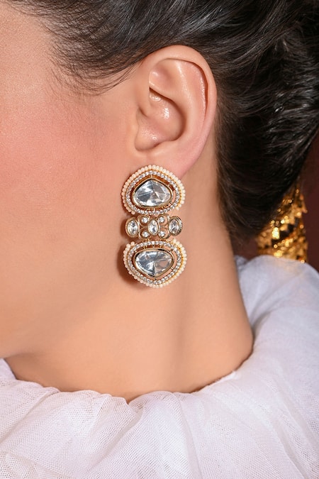 Shop Joules By Radhika Gold Plated Beads, Stones Prismatic Embellished Chandbali Dangler Earrings at Aza Fashions Shop_Joules By Radhika_Gold Plated Beads, Stones Prismatic Embellished Chandbali Dangler Earrings _at_Aza_Fashions