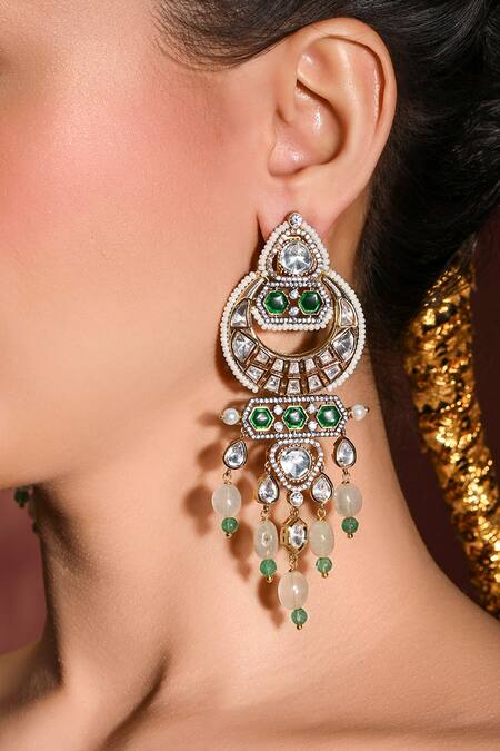 Joules by Radhika_Green Beads, Stones, Zari Dazzling Embellished Chandbali Dangler Earrings_Online_at_Aza_Fashions