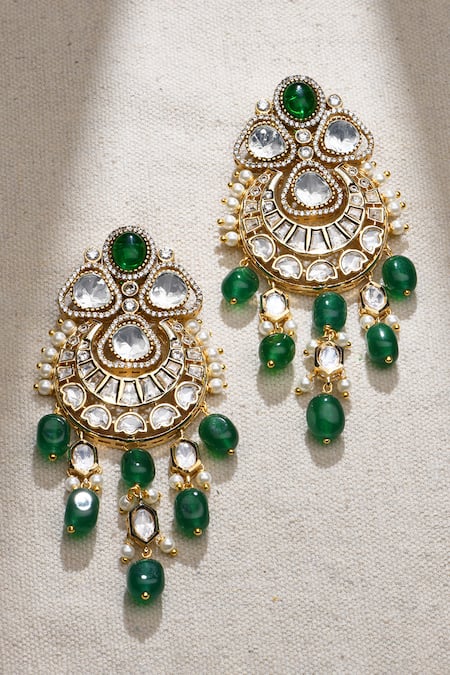 Shop Joules By Radhika Green Beads, Stones, Diamonds Bedazzling Embellished Chandbali Dangler Earrings at Aza Fashions Shop_Joules By Radhika_Green Beads, Stones, Diamonds Bedazzling Embellished Chandbali Dangler Earrings _at_Aza_Fashions