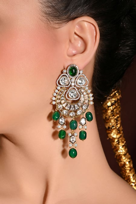 Joules By Radhika Green Beads, Stones, Diamonds Bedazzling Embellished Chandbali Dangler Earrings Online at Aza Fashions Joules By Radhika_Green Beads, Stones, Diamonds Bedazzling Embellished Chandbali Dangler Earrings _Online_at_Aza_Fashions