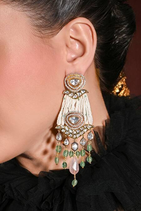 Buy_Joules By Radhika_White Beads, Stones Charming Embellished Chandelier Earrings_Online_at_Aza_Fashions