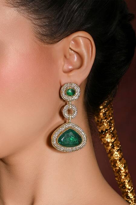 Joules by Radhika_Green Beads, Stones, Zari Glory Embellished Dangler Earrings_Online_at_Aza_Fashions