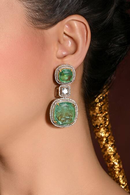 Joules by Radhika_Green Beads, Stones, Diamonds Lustrous Embellished Dangler Earrings_Online_at_Aza_Fashions
