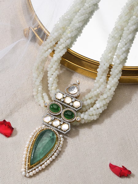 Shop Joules By Radhika Green Grandeur Tear Drop Stone Embellished Necklace at Aza Fashions Shop_Joules By Radhika_Green Grandeur Tear Drop Stone Embellished Necklace _at_Aza_Fashions