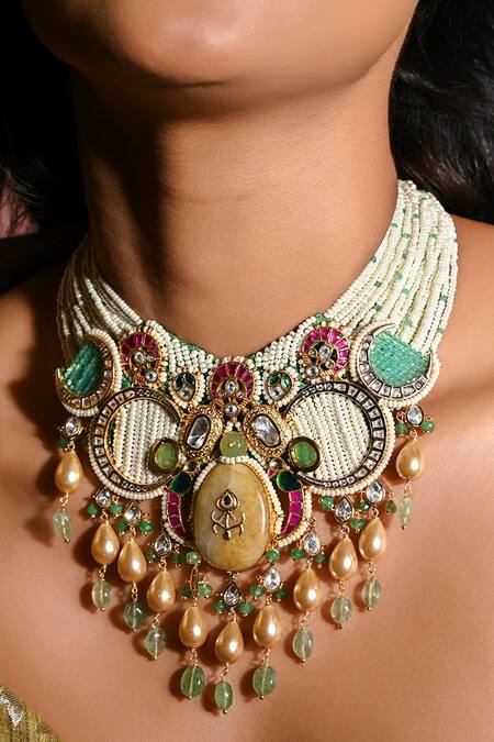 Joules By Radhika Multi Color Opulant Crescent Beaded Necklace Online at Aza Fashions Joules By Radhika_Multi Color Opulant Crescent Beaded Necklace _Online_at_Aza_Fashions