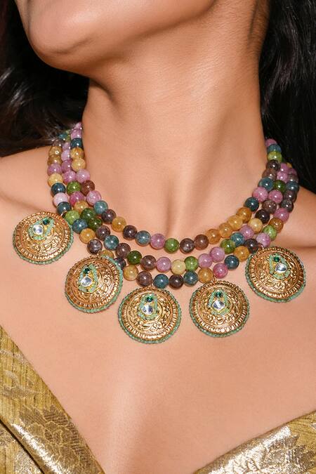 Joules By Radhika_Multi Color Lustrous Encircled Bloom Beaded Choker Necklace_Online_at_Aza_Fashions