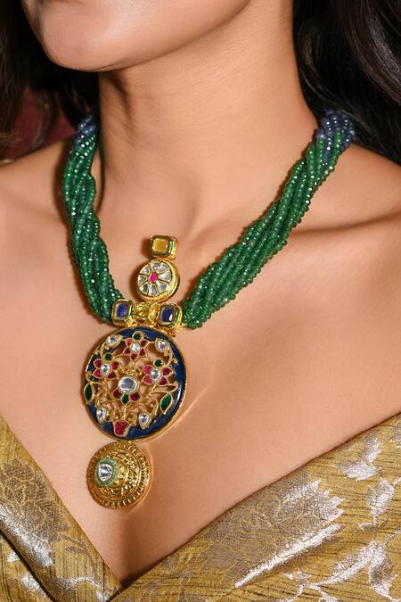 Joules by Radhika_Green Glamorous Bagh Kundan Embellished Pendant Necklace_Online_at_Aza_Fashions