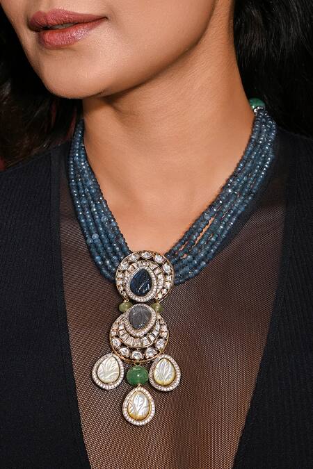 Joules By Radhika Blue Azure Engraved Leaf Embellished Pendant Necklace Online at Aza Fashions Joules By Radhika_Blue Azure Engraved Leaf Embellished Pendant Necklace_Online_at_Aza_Fashions