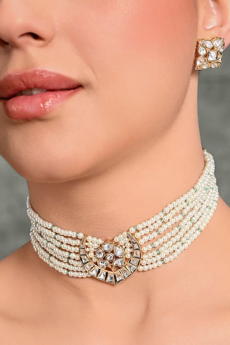 Joules By Radhika Green Pearls, Stones Eclectic Kundan Floret Choker Jewellery Set Online at Aza Fashions Joules By Radhika_Green Pearls, Stones Eclectic Kundan Floret Choker Jewellery Set _Online_at_Aza_Fashions