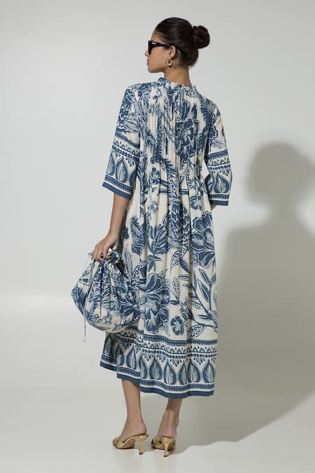 Shop_Sobariko_Blue Linen Embroidery Round Neck Cordelia Floral Print Dress _at_Aza_Fashions