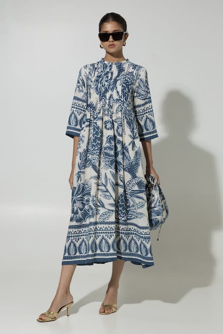 Sobariko_Blue Linen Embroidery Round Neck Cordelia Floral Print Dress _Online_at_Aza_Fashions