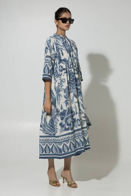 Buy_Sobariko_Blue Linen Embroidery Round Neck Cordelia Floral Print Dress _Online_at_Aza_Fashions