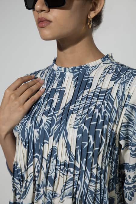 Shop_Sobariko_Blue Linen Embroidery Round Neck Cordelia Floral Print Dress _Online_at_Aza_Fashions