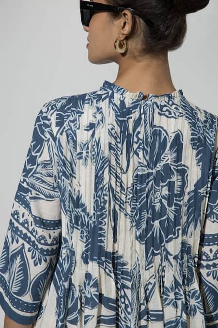 Sobariko_Blue Linen Embroidery Round Neck Cordelia Floral Print Dress _at_Aza_Fashions