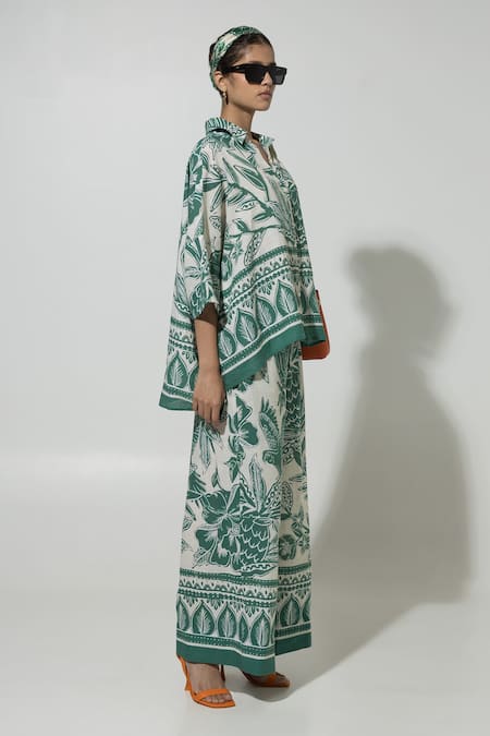 Buy SOBARIKO Green Linen Printed Floral Collar Cordelia Shirt And Pant Co-ord Set Online at Aza Fashions Buy_SOBARIKO_Green Linen Printed Floral Collar Cordelia Shirt And Pant Co-ord Set _Online_at_Aza_Fashions