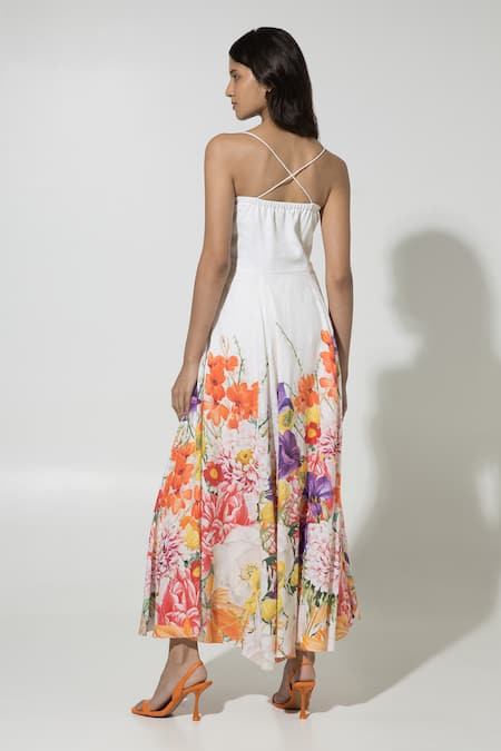Shop_Sobariko_White Linen Printed Floral Sweetheart Isla Strappy Dress  _at_Aza_Fashions