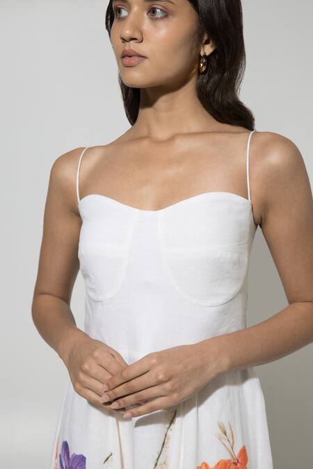 Sobariko_White Linen Printed Floral Sweetheart Isla Strappy Dress  _Online_at_Aza_Fashions