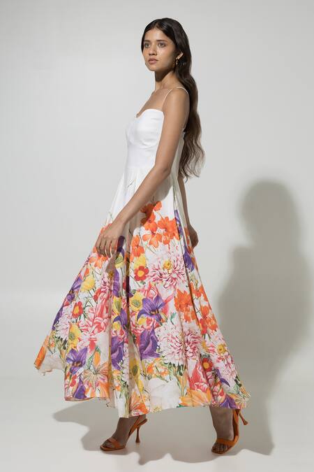 Buy_Sobariko_White Linen Printed Floral Sweetheart Isla Strappy Dress  _Online_at_Aza_Fashions