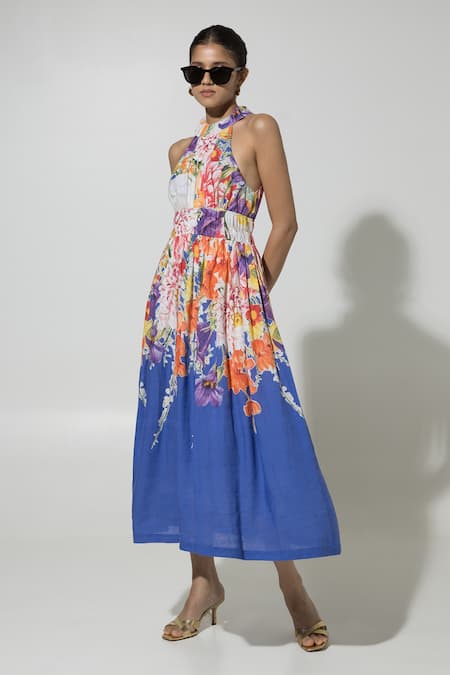 Sobariko Blue Linen Printed Floral Halter Isla Dress 