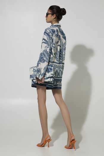 Buy SOBARIKO Blue Linen Collared Cordelia Floral Print Oversized Shirt And Shorts Set Online at Aza Fashions Buy_SOBARIKO_Blue Linen Collared Cordelia Floral Print Oversized Shirt And Shorts Set _Online_at_Aza_Fashions