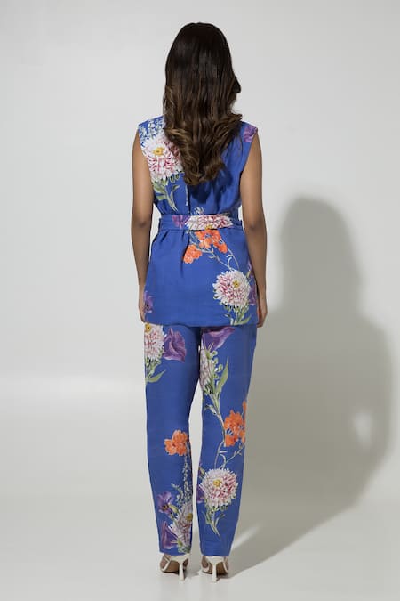 Shop SOBARIKO Blue Linen Printed Floral Lapel Collar Iris Jacket And Pant Set at Aza Fashions Shop_SOBARIKO_Blue Linen Printed Floral Lapel Collar Iris Jacket And Pant Set_at_Aza_Fashions