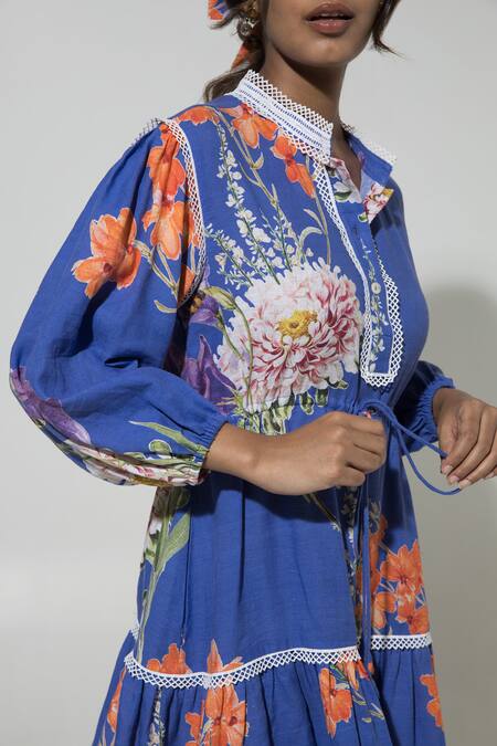 SOBARIKO Blue Linen Printed Floral Stand Collar Iris Puffed Sleeve Dress Online at Aza Fashions SOBARIKO_Blue Linen Printed Floral Stand Collar Iris Puffed Sleeve Dress _Online_at_Aza_Fashions