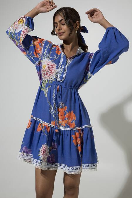 Buy SOBARIKO Blue Linen Printed Floral Stand Collar Iris Puffed Sleeve Dress Online at Aza Fashions Buy_SOBARIKO_Blue Linen Printed Floral Stand Collar Iris Puffed Sleeve Dress _Online_at_Aza_Fashions