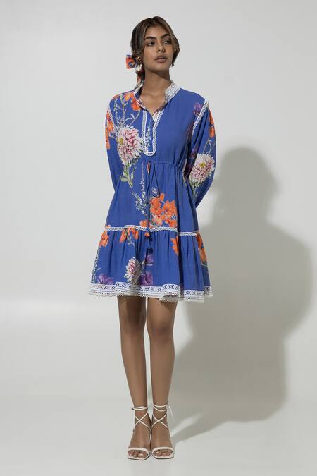 Shop SOBARIKO Blue Linen Printed Floral Stand Collar Iris Puffed Sleeve Dress Online at Aza Fashions Shop_SOBARIKO_Blue Linen Printed Floral Stand Collar Iris Puffed Sleeve Dress _Online_at_Aza_Fashions