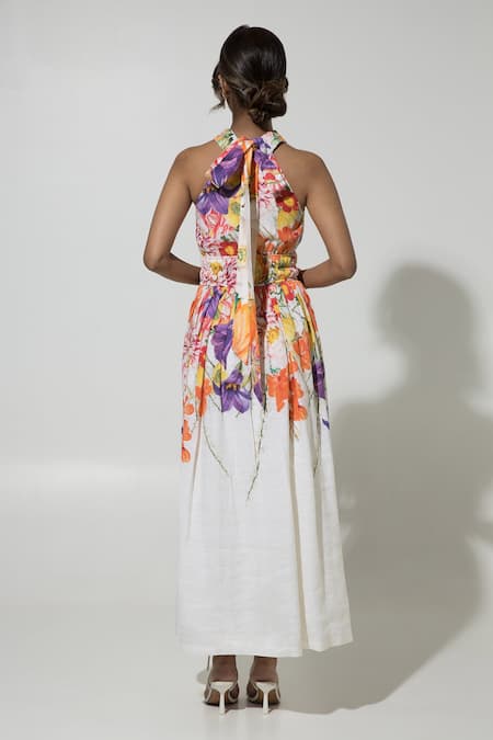 Shop_Sobariko_White Linen Printed Floral Halter Isla Maxi Dress  _at_Aza_Fashions