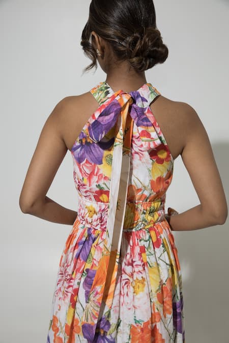 Sobariko_White Linen Printed Floral Halter Isla Maxi Dress  _Online_at_Aza_Fashions