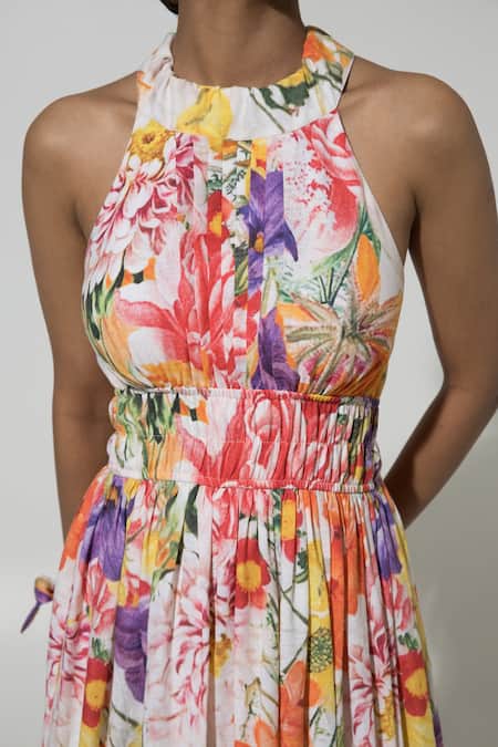 Buy_Sobariko_White Linen Printed Floral Halter Isla Maxi Dress  _Online_at_Aza_Fashions
