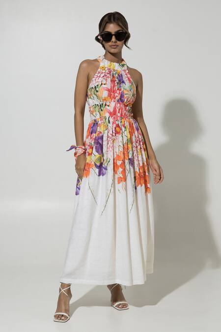 Shop_Sobariko_White Linen Printed Floral Halter Isla Maxi Dress  _Online_at_Aza_Fashions